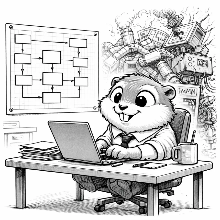 A gopher standing in front of a clean architectural blueprint on the wall, oblivious to the chaotic system drifting apart behind them.