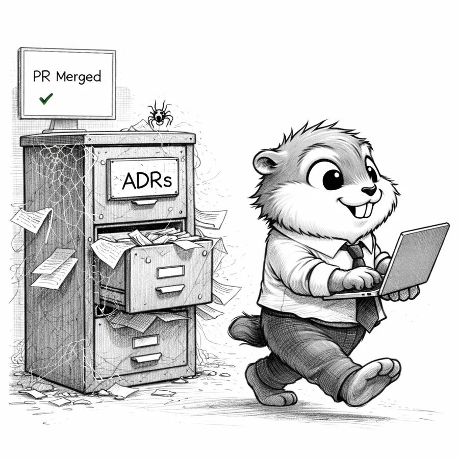 A gopher walking past a dusty filing cabinet labeled ADRs with cobwebs and spilling papers, while a monitor in the background shows a merged PR.