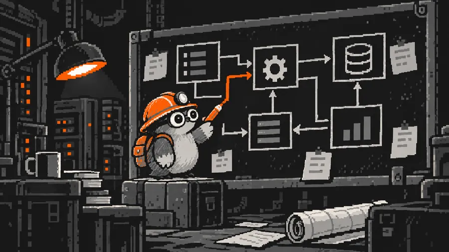 A mole connects a diagram of simple boxes and arrows on a board.